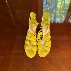 NINE WEST Genie Sandals Fringe Block Heel Yellow Suede Lace-up size 11